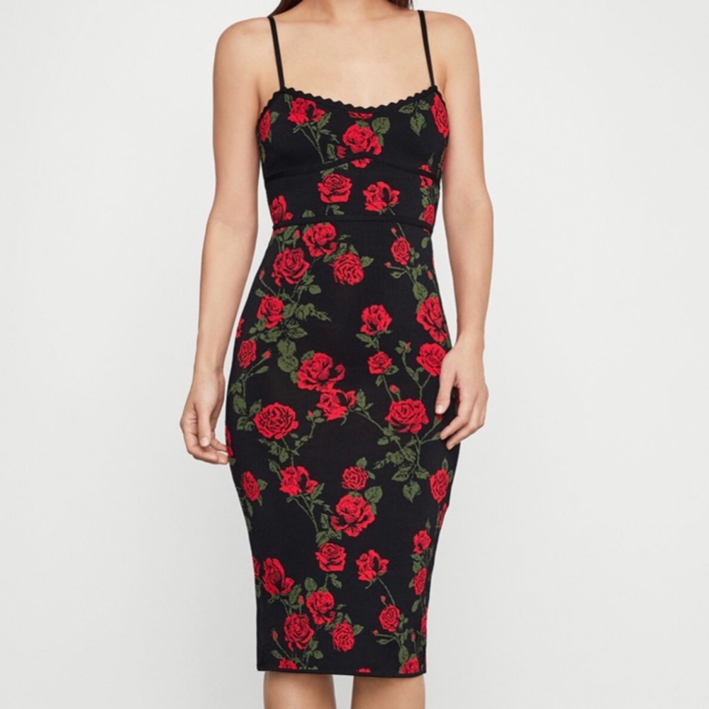 BCBGMaxAzria Black Midi Dress with Red Rose Print